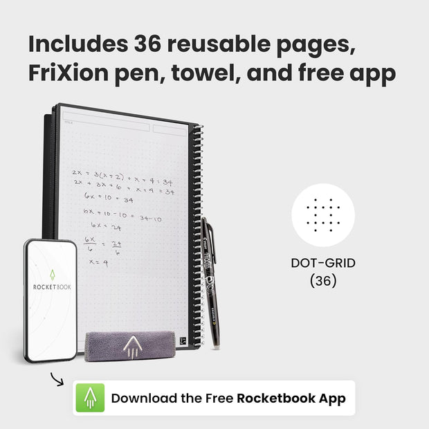 Reusable Digital Notebook - Smart Notepad A5 Grey - Wirebound Note Book to Do List Pad, Dotted Paper with Frixion Erasable Pen and Wipe, Office Gadget App Reduce Paper Waste