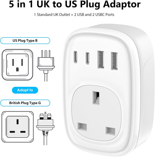 UK to US Plug Adaptor - UK to US Plug Adapter 40W USA Travel Adapter from UK for American Canada Thailand Mexico Colombia 4 in 1 USBC Fast Charger with USB C Port for Phone Pad Samsung (Type B)