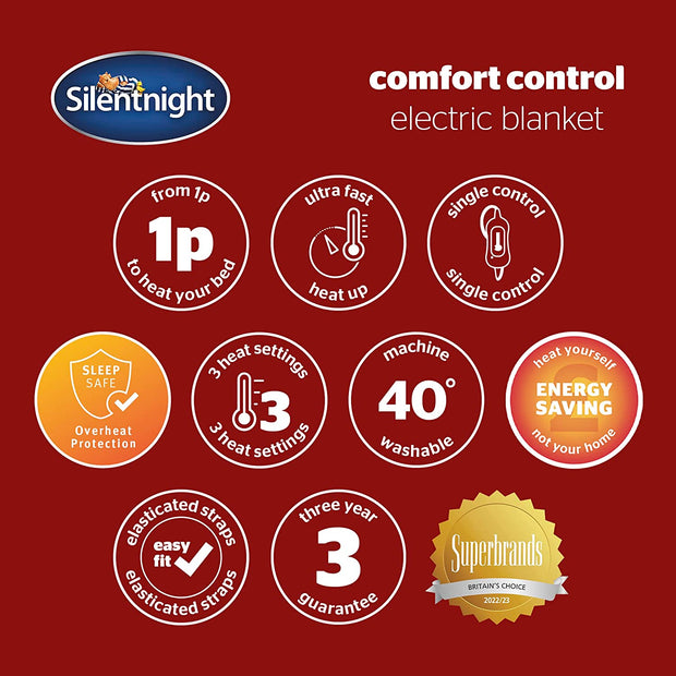 Comfort Control Electric Blanket Super King - Heated Electric Fitted Underblanket with 3 Heat Settings, Fast Heat up and Easy Fit Straps - Machine Washable - Super King - 160 X 200 Cm