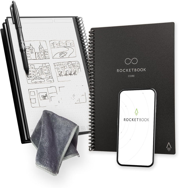 Reusable Digital Notebook - Smart Notepad A5 Grey - Wirebound Note Book to Do List Pad, Dotted Paper with Frixion Erasable Pen and Wipe, Office Gadget App Reduce Paper Waste