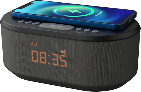 Alarm Clocks Bedside, Alarm Clock with Wireless Charging, Bluetooth Speaker, Radio Alarm Clock, Fast Qi Wireless Charger, Mains Powered, FM Radio, USB Charging Port, Dimmable, Non Ticking