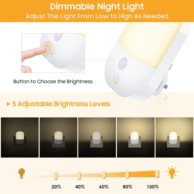 Night Light Plug in Walls, Night Light with 5 Levels of Brightness and Dusk to Dawn Photocell Sensor, Night Light Kids for Children'S Room, Stairs, Hallway, Bedrooms, Garage, Warm White