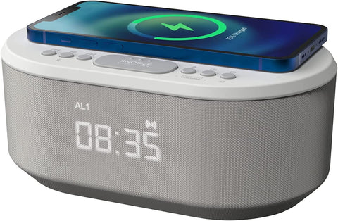 Alarm Clocks Bedside, Alarm Clock with Wireless Charging, Bluetooth Speaker, Radio Alarm Clock, Fast Qi Wireless Charger, Mains Powered, FM Radio, USB Charging Port, Dimmable, Non Ticking