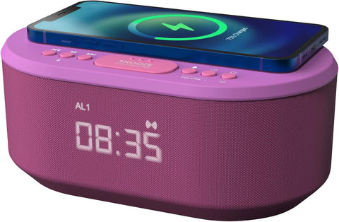 Alarm Clocks Bedside, Alarm Clock with Wireless Charging, Bluetooth Speaker, Radio Alarm Clock, Fast Qi Wireless Charger, Mains Powered, FM Radio, USB Charging Port, Dimmable, Non Ticking