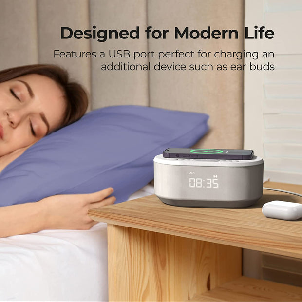 Alarm Clocks Bedside, Alarm Clock with Wireless Charging, Bluetooth Speaker, Radio Alarm Clock, Fast Qi Wireless Charger, Mains Powered, FM Radio, USB Charging Port, Dimmable, Non Ticking