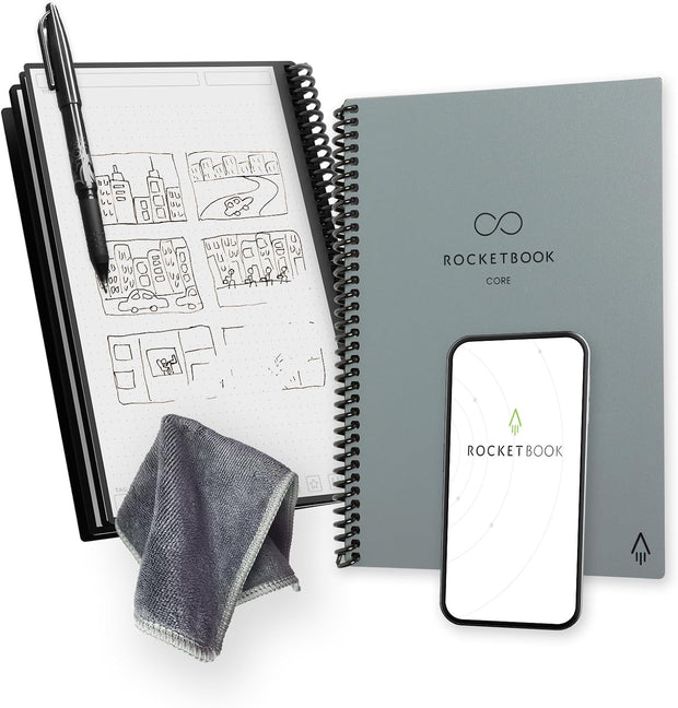 Reusable Digital Notebook - Smart Notepad A5 Grey - Wirebound Note Book to Do List Pad, Dotted Paper with Frixion Erasable Pen and Wipe, Office Gadget App Reduce Paper Waste