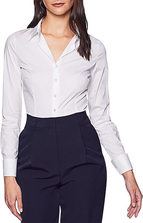 Women'S Long Sleeve Plain Dress Shirt Fitted Stretch Executive Shirt Blouse with Single Cuff