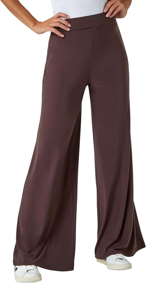 Wide Leg Trousers for Women UK Ladies Palazzo Pants Evening Jersey Elasticated High Waist Smart Flared Culotte Office Work Going Out Loose Crepe Bottoms