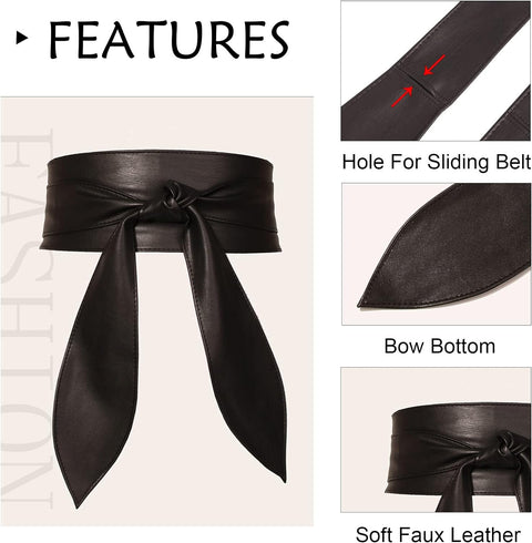 Faux Leather/Denim Obi Belts for Women Elegant Bowknot Wide Belt Fashion Wrap around Waist Belt Soft Knotted Cinch Belt for Dress, for All Seasons, M-L, 1/2 Pack