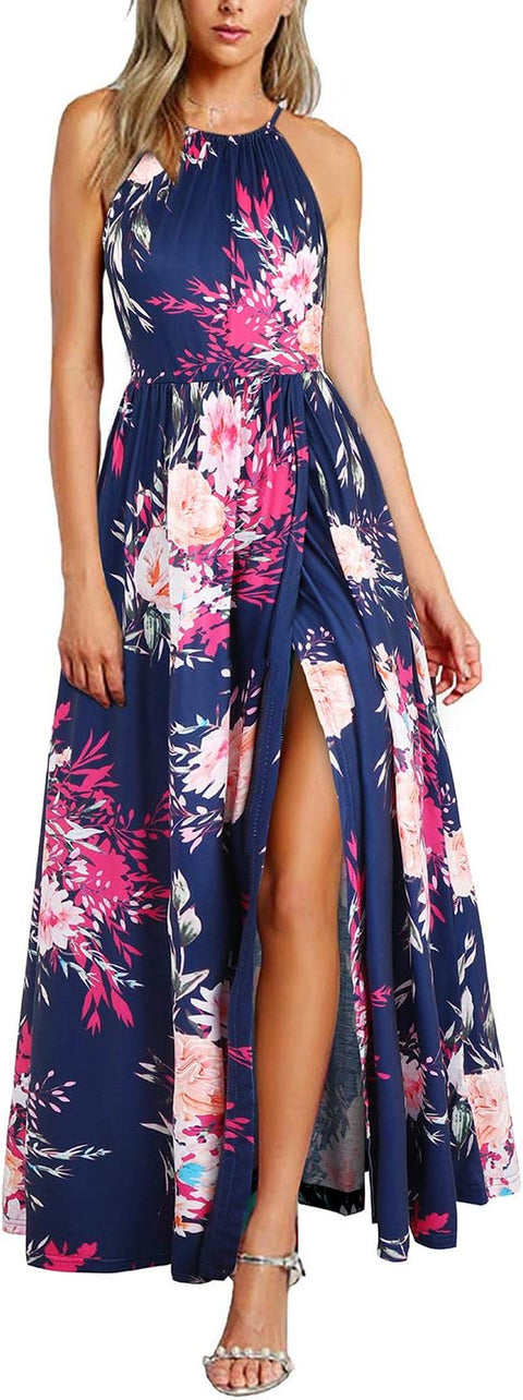 Maxi Dresses for Women UK Summer Dress Halter Neck Wedding Guest Elegant Long Dress Floral Beach Sundress