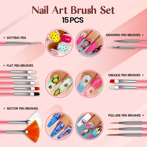 Nail Art Kit Accessories, 15Pcs Nail Art Brushes, Tools, Nail Pen Designing Dotting, Colourful Nail Foil, Stripping Manicure Tape, Rhinestone, Nail Glitter Powder, Nail File, Supplies in Nail Art Set