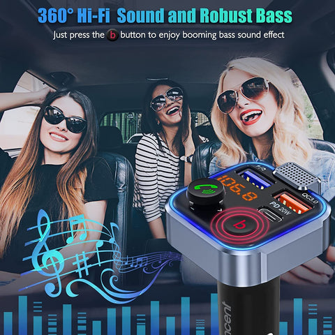 Car FM Transmitter, Wireless Bluetooth 5.0 Radio Adapter Car Kit, PD3.0 Type C 20W+QC3.0 Car Fast Charger, Hands Free Calling, Bass Lossless Hi-Fi Sound Support U Disk