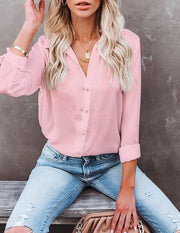 Womens Blouse Casual Long Sleeve Shirt Tops V Neck Button down Shirts Basic Loose Tunic T Shirts