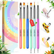 Nail Art Brushes Set - 6Pcs Double-End Nail Brushes Kit Professional Nail Art Tools Kit with Painting Dotting Line Pen for Gel Polish Nail Designs Nail Carving French Nails