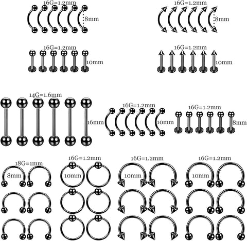 84PCS Professional Piercing Kit Stainless Steel 14G 16G Belly Button Rings Cartilage Piercing Helix Daith Septum Hoop Piercing Kit Tongue Tragus Nipple Lip Piercing Body Jewerly