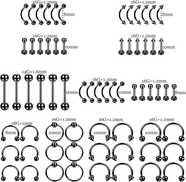 84PCS Professional Piercing Kit Stainless Steel 14G 16G Belly Button Rings Cartilage Piercing Helix Daith Septum Hoop Piercing Kit Tongue Tragus Nipple Lip Piercing Body Jewerly