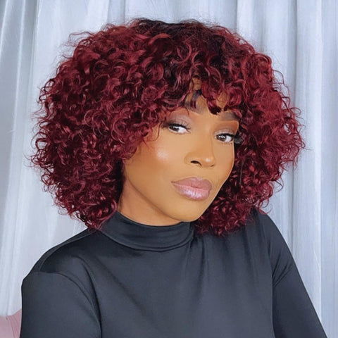 Short Curly Bob Wig with Bangs Human Hair for Black Women Ombre Brown 10 Inch Water Wave Bob Wig 150% Density Glueless Wig (Color: TT1B/30)