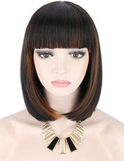 Brown Blonde Mixed Highlights Color Short Bob Wig for Women Yaki Straight Synthetic Full Hair Wig with Bangs(Brown Blonde)