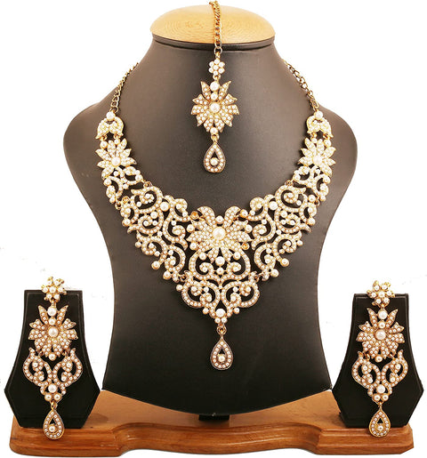 Indian Bollywood Traditional Royal Look Attractive Filigree Carving Rhinestone Grand Bridal Designer Jewelry Necklace Set for Women