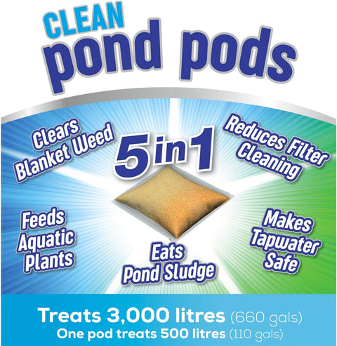 Clean Pond Pods, Clears Blanket Weed, Reduces Filter Cleaning, Feeds Aquatic Plants, Eats Pond Sludge, Removes Chlorine, Makes Tap Water Safe, Pet & Wildlife Safe (Pack of 6 Pods)