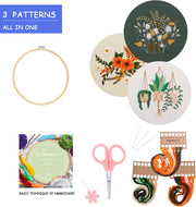 Embroidery Starter Kit, 3 Pack Cross Stitch Kit with Floral or Plant Pattern and Instructions, Full Range of Embroidery Kits, Embroidery Hoops, Color Threads and Tool