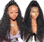 13X4 HD Lace Front Wigs Human Hair,Water Wave Curly Human Hair Wig for Black Women,180 Density Glueless Transparent Lace Frontal Wig Human Hair Pre Plucked,Brazilian Real Virgin Human Hair 16 Inch