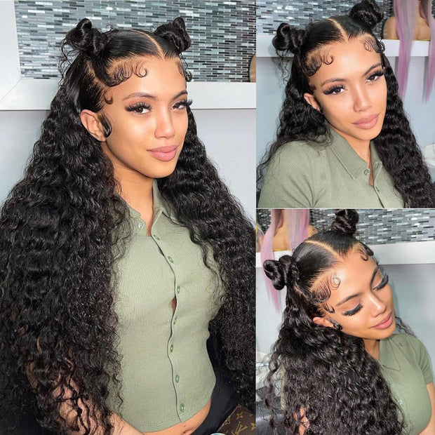 13X4 HD Lace Front Wigs Human Hair,Water Wave Curly Human Hair Wig for Black Women,180 Density Glueless Transparent Lace Frontal Wig Human Hair Pre Plucked,Brazilian Real Virgin Human Hair 16 Inch