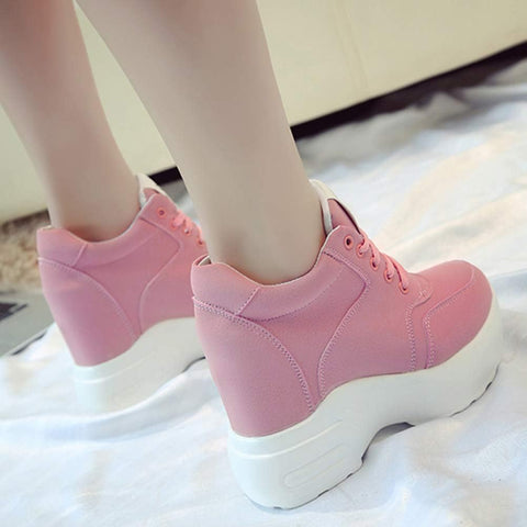 Women Platform Vulcanize Shoes Hidden Heel Shoes Lace up Chunky Sneakers Spring Autumn Thick Sole Height Increasing Trainers Shoes