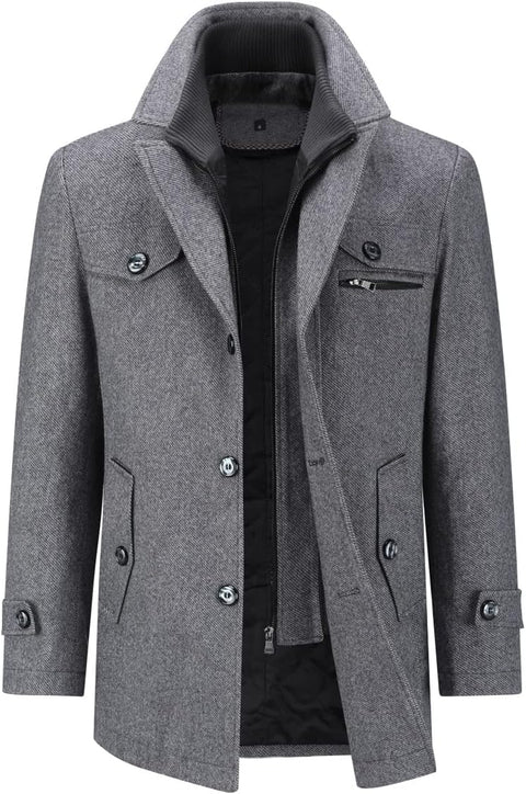 Mens Winter Coat Mid Length Thick Wool Trench Coats Regular Fit Padded Military Peacoat