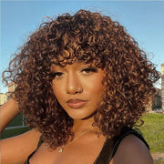 Short Curly Bob Wig with Bangs Human Hair for Black Women Ombre Brown 10 Inch Water Wave Bob Wig 150% Density Glueless Wig (Color: TT1B/30)