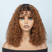 Short Curly Bob Wig with Bangs Human Hair for Black Women Ombre Brown 10 Inch Water Wave Bob Wig 150% Density Glueless Wig (Color: TT1B/30)