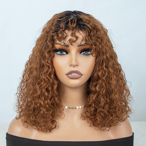 Short Curly Bob Wig with Bangs Human Hair for Black Women Ombre Brown 10 Inch Water Wave Bob Wig 150% Density Glueless Wig (Color: TT1B/30)