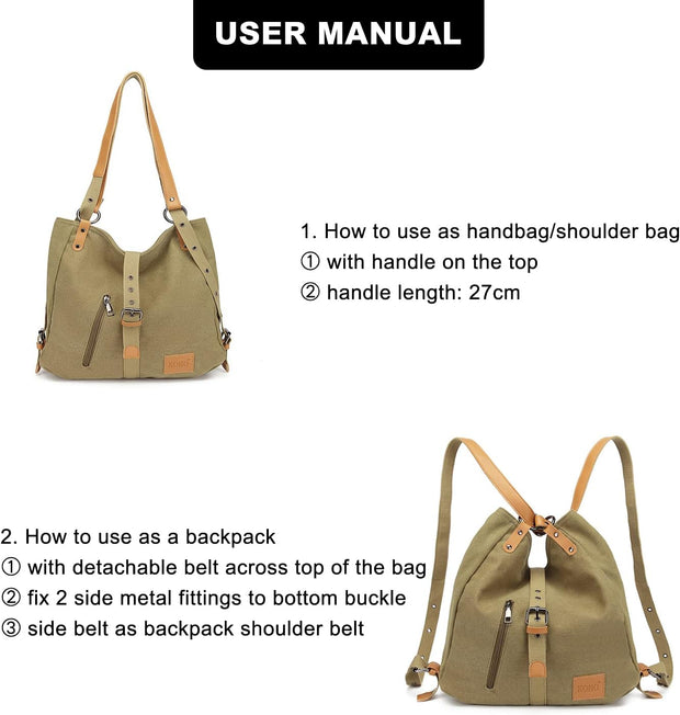 Women Backpack Canvas Shoulder Bag Travel Rucksack Convertible 3 in 1 Crossbody Bag Vintage Schoolbag Girl Fashion Backpack Purse for Women Ladies Handbag Casual College Daypack (Khaki)