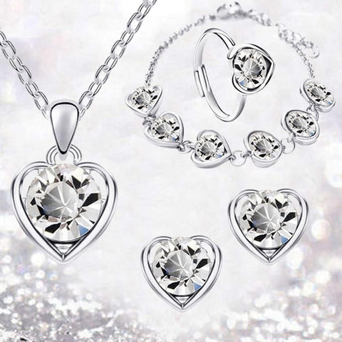 Love Heart Jewellery Set 4 PCS Fashion Heart Necklace Earrings Ring Bracelet Set Bridal Wedding Jewellery Set Rhinestone Set Sparkly Crystal Dangle Drop Set for Women and Girls