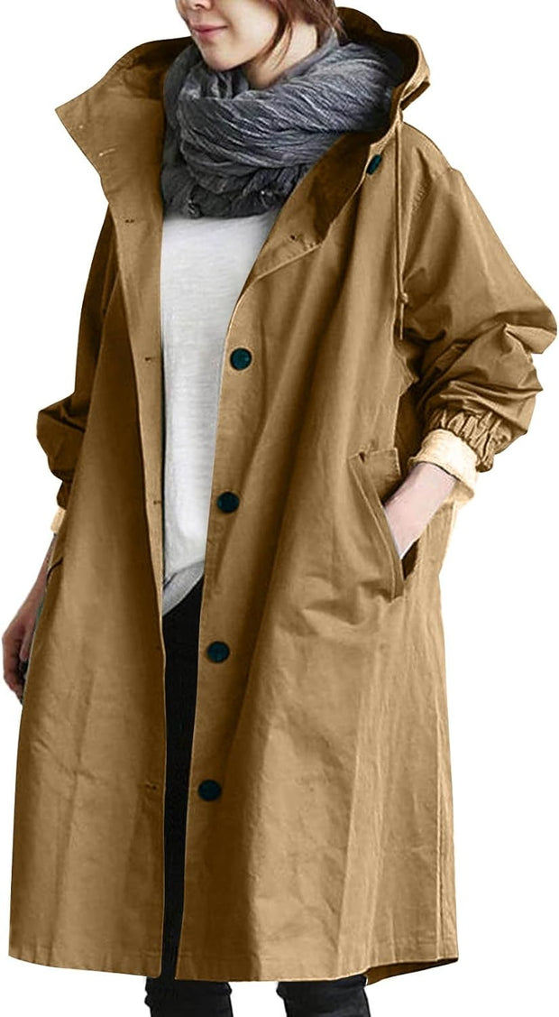 Jackets for Women UK Casual Long Trench Windproof Coat with Pocket plus Size Hooded Lapel Collar Windbreaker Jacket Casual Loose Fit Spring Autumn Coat Outwear