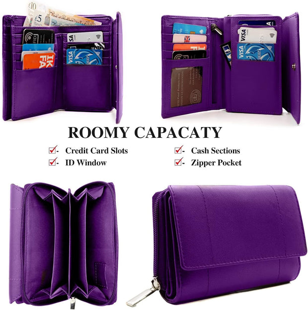 Purses for Women, Real Leather RFID Protection Small Purse Wallet with Card and Zip Coin Pockets (Purple)