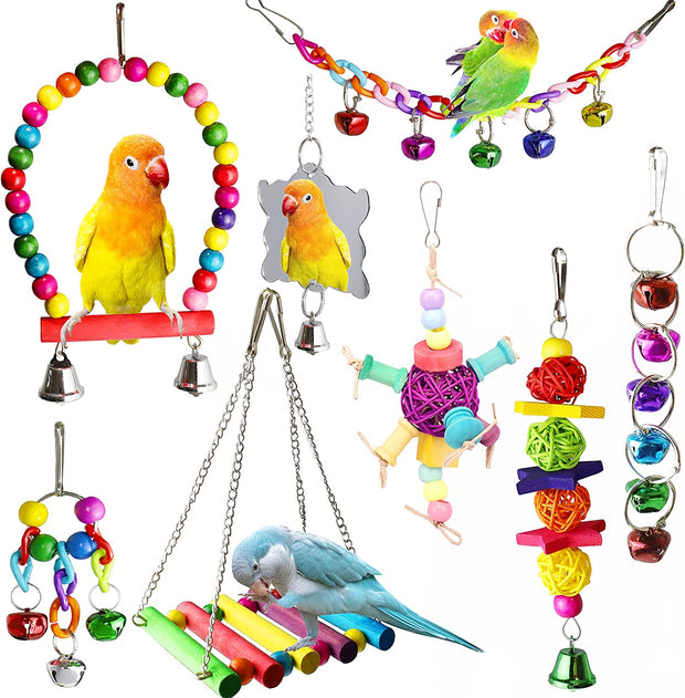 7 Pcs Bird Budgie Toys,  Hanging Bell Pet Bird Cage Hammock Swing Climbing Ladders Toy Wooden Perch Mirror Chewing Toy for Conures, Love Birds, Small Parakeets, Cockatiels, Parrot (Muliti-B)