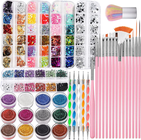 Nail Art Kit, Nail Design Tools Kit with Nail Art Brushes, Nail Dotting Tools,Fine Glitter,Nail Butterfly, Nail Heart Glitter Sequins, Nail Foil Flakes, Nail Art Rhinestones, Nail Dust Brush