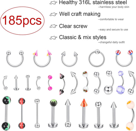 185Pcs Body Piercing Jewelry for Women Men Tongue Nipple Rings Eyebrow Lip Belly Button Barbell Nose Piercing Tragus Navel Barbells 14G-18G