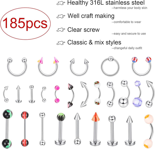 185Pcs Body Piercing Jewelry for Women Men Tongue Nipple Rings Eyebrow Lip Belly Button Barbell Nose Piercing Tragus Navel Barbells 14G-18G