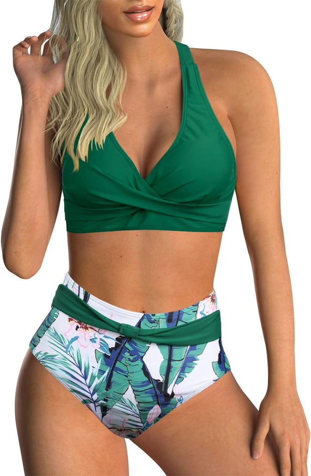 Women'S Two Piece Swimsuits Criss Cross Top Bikini High Waisted Bottom Tummy Control Bathing Suits Vintage Print Swimwear