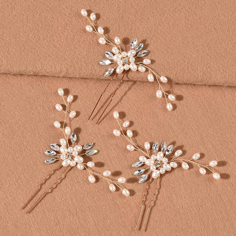 3 PCS Bridal Hair Pins,  Pearl Flower Crystal Bridal Bridesmaid Jewelry Wedding Hair Pin Clips Rhinestone Headpiece Accessories Bobby Pin