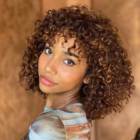 Short Curly Bob Wig with Bangs Human Hair for Black Women Ombre Brown 10 Inch Water Wave Bob Wig 150% Density Glueless Wig (Color: TT1B/30)