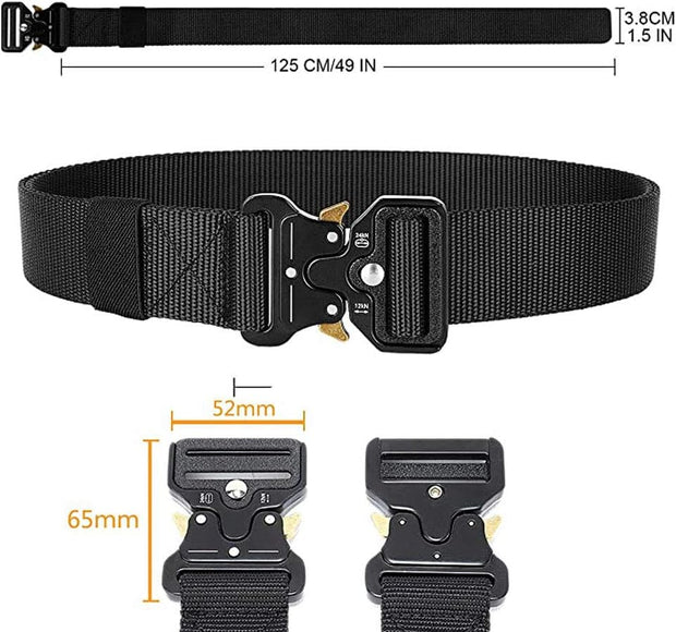 Mens Tactical Belt, Military Style Utility Safety Belts, Heavy Duty Nylon Canvas Waist Belt with 2 Hooks and Quick Release Buckle for Outdoor Sports Camping Hunting