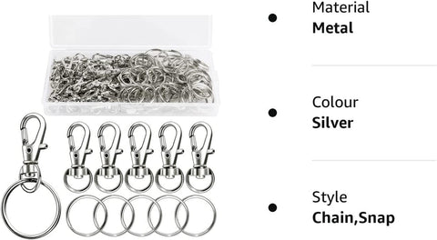 100Pcs Swivel Lobster Clasps & Key Ring Hoops with Plastic Box,50Pcs Metal Clips and 50Pcs Keyring Key Chain Hooks with Split Rings for Jewellery Making Hanging Crafts,Silver,Spyx18