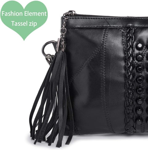 Soft Leather Small Cross Body Bag Shoulder Bag for Women Tassel Rivets Ladies Handbags with Shoulder & Wrist Strap Wristlet Bag Clutch Travel Evening Party Wedding (Black)