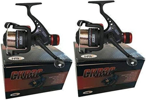 2 X CKR30 Black Fishing Reels Loaded with 6LB Line for Coarse Match Lake River