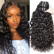 Water Wave Human Hair Bundles with Closure Brazilian Hair Bundles with Closure 3 Bundles Human Hair Weaving Double Weft Wet and Wavy Remy Human Hair Bundles with Closure Natural Black 14 16 18+14 Inch