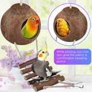 Bird Parrot Toys 8 PACK, Hanging Natural Wooden Coconut Perch Lovebrid Birds House with Ladder, Stand Chewing Bell Pet Birds Cage Toy Accessories Suitable for Parakeet, Conure, Cockatiel, Mynah