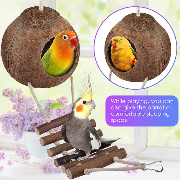 Bird Parrot Toys 8 PACK, Hanging Natural Wooden Coconut Perch Lovebrid Birds House with Ladder, Stand Chewing Bell Pet Birds Cage Toy Accessories Suitable for Parakeet, Conure, Cockatiel, Mynah